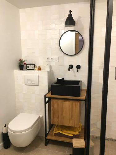une salle de bain avec un lavabo, des toilettes et un miroir dans l'établissement Charmant Studio avec terrasse, proche plage et ville, à Marseille