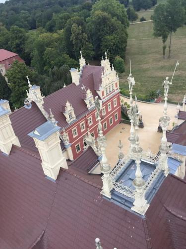an aerial view of a large red and white building at Rast am Park in Bad Muskau