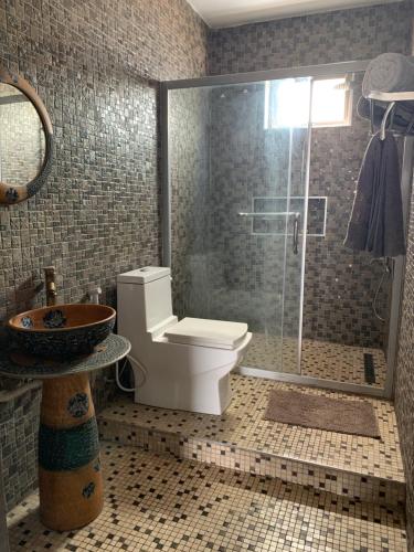 a bathroom with a shower and a toilet and a sink at TheLight Villa in Trou dʼ Eau Douce