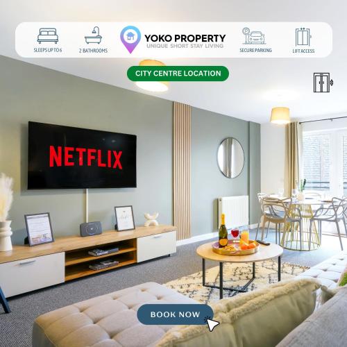 a rendering of a living room with a tv at City Centre Apartment with Free Parking, Balcony, Super-Fast Wifi and Smart TV with Netflix by Yoko Property in Northampton