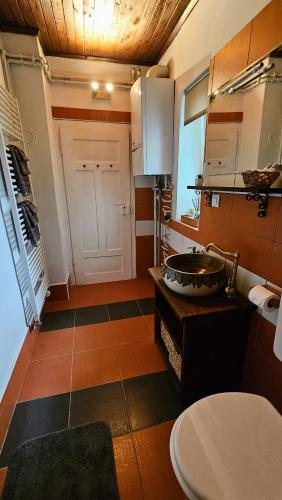 a small kitchen with a sink and a door at Holiday home Stari grunt in Lopatinec