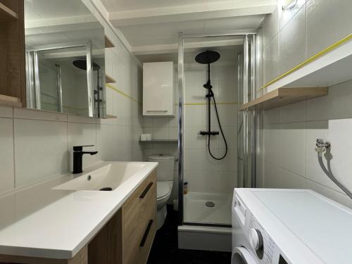 une salle de bain blanche avec un lavabo et des toilettes dans l'établissement LE NOIR BOIS ET BLANC - Studio - Wifi - Centre Ville - Entrée Autonome, à Quimper