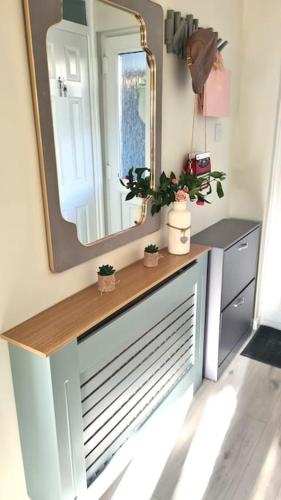a dresser with a mirror and potted plants on it at The Art Gallery Guest House - Newport Cozy 3-Bedroom Home in Newport
