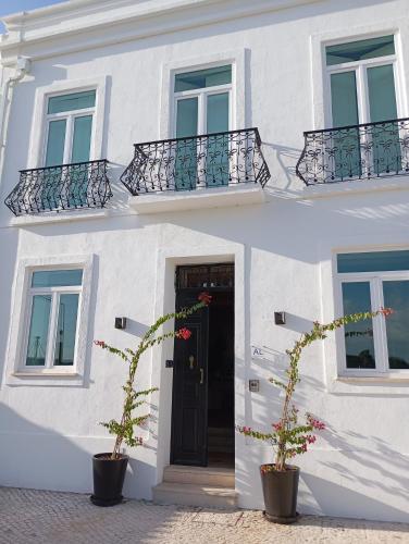 a white building with two potted plants in front of a door at Villa Sado in Alcácer do Sal