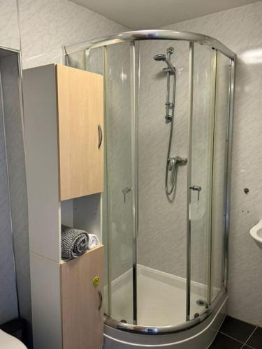 a shower with a glass door in a bathroom at Town Centre Flat For Two Adults in Blairgowrie in Blairgowrie