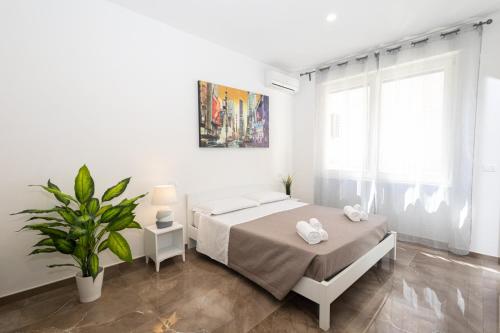 a white bedroom with a bed and a plant at suebi rooms and appartament in Termoli