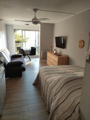 une chambre avec un lit, un canapé et une télévision dans l'établissement Location studio Cap d'Agde, au Cap d'Agde