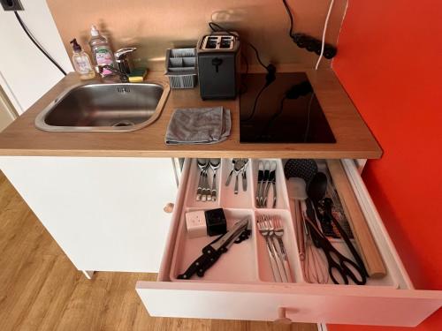 un comptoir de cuisine avec un évier et un évier dans l'établissement Adorable studio Équipé plein centre proche Foch, à Lyon