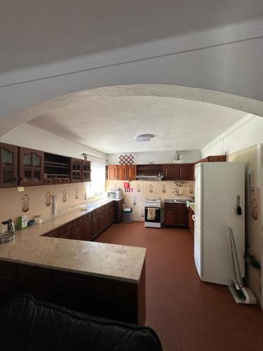 a large kitchen with a white refrigerator and wooden cabinets at Boa Sorte 13 in Costa de Lavos