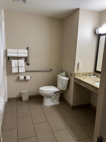 a bathroom with a toilet and a sink at Quality Inn Harlan in Harlan