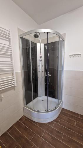 a glass shower in a bathroom with a tile floor at Fewo Peter Erholungsort Bärenstein in Bärenstein