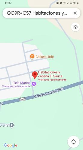 a screenshot of a google maps screenshot at Habitaciones y Cabañas El Sauce in Tela