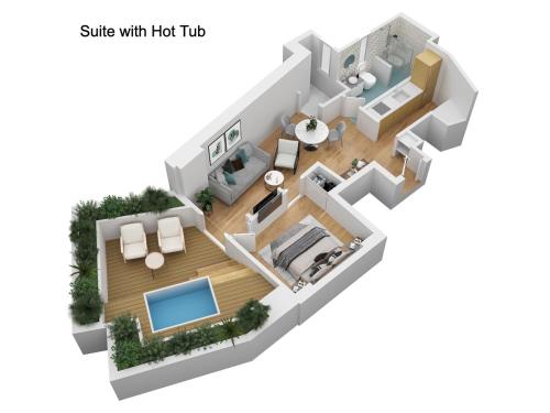 Un plano de una casa con jacuzzi. en The Blossom Collection in Heraklion City Center, Sea View, en Heraclión