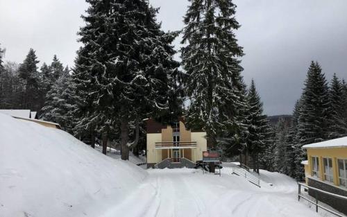 a house in the snow in front of trees at Horský Hotel Magura in Chvojnica