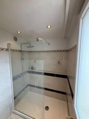 une douche avec une porte vitrée dans une salle de bain dans l'établissement Appartement T3 Cagnes sur Mer, à Cagnes-sur-Mer