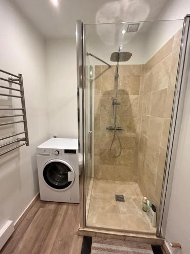 une douche dans une salle de bain avec machine à laver dans l'établissement 2P 40m2 -Cannes centre- Palais des festivals -, à Cannes
