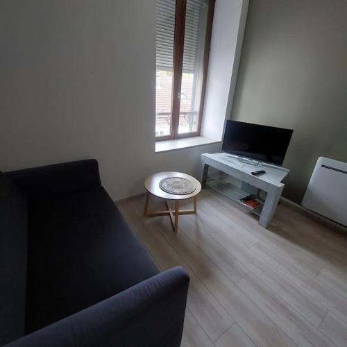 un salon avec un canapé, une table et une télévision dans l'établissement appartement rénové centre ville, à Bourbonne-les-Bains