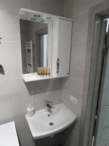 a bathroom with a sink and a mirror at HotelRoom 27 in Uzhhorod