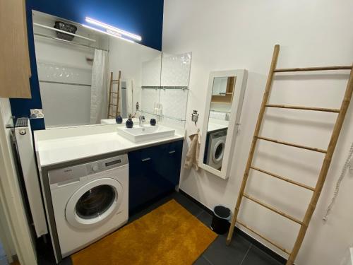 une salle de bain avec un lavabo et une machine à laver dans l'établissement Strasbourg 3 pièces 