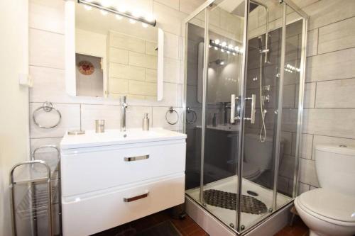 une salle de bain avec une douche, un lavabo et des toilettes dans l'établissement Résidence Le Sierra Nevada - Studio 2/3 personnes - LE SIERRA NEVADA -PLAGNE CENTRE MAE-4531, à La Plagne Tarentaise