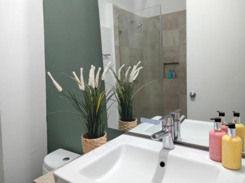 a bathroom with a sink and a mirror at Cómodo Departamento en Donceles al lado de Bellas Artes! in Mexico City