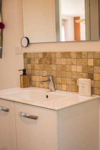 une salle de bain avec un lavabo et un miroir dans l'établissement La forge à 10 min d'Etretat, à Criquetot-lʼEsneval