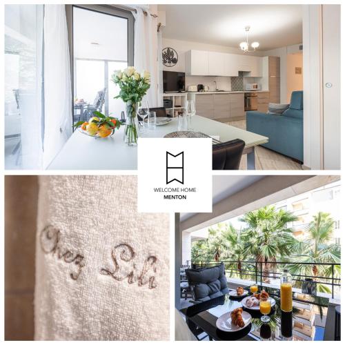 un collage de photos d'une cuisine et d'un salon dans l'établissement Studio Centre Terrasse Climatisation 50m plage, à Menton