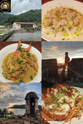 a collage of different pictures of food and a person at Hostal Portobelo in Portobelo