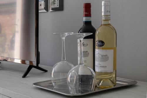 two bottles of wine and two glasses on a tray at Roero Sunset in Govone