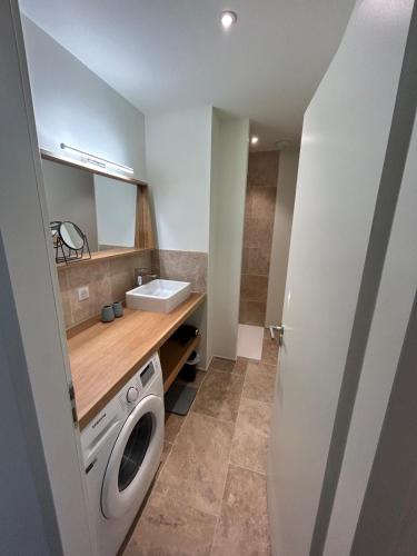 une salle de bain avec une machine à laver et un lavabo dans l'établissement Vie Ventoux A6, à Malaucène