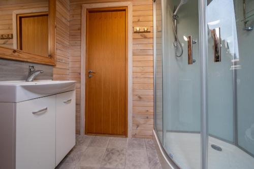 a bathroom with a shower and a sink at Borrett Escapes - Luxury Pods in Sedbergh