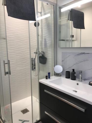 La salle de bains est pourvue d'une douche et d'un lavabo blanc. dans l'établissement Appartement neuf près de la plage, à Fouesnant