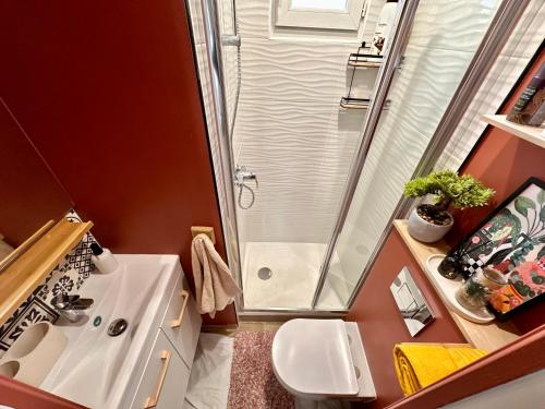 La petite salle de bains est pourvue d'une douche et d'un lavabo. dans l'établissement Magnifique Studio équipé à Clichy aux portes de Paris, à Clichy