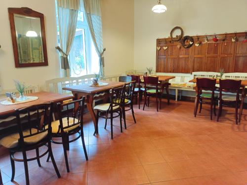 a dining room with wooden tables and chairs at Penzion SPORTINO in Svoboda nad Úpou