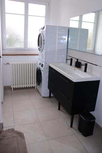 une salle de bain avec une machine à laver et un lavabo dans l'établissement L'écrin, à Amiens