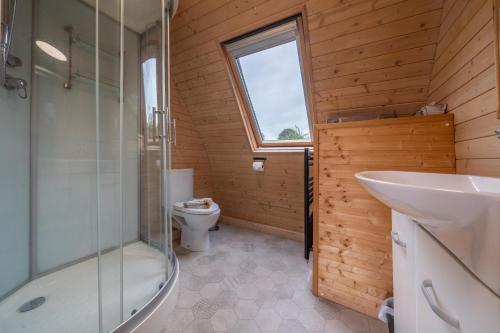 a bathroom with a toilet and a sink and a shower at Borrett Escapes - Luxury Pods in Sedbergh