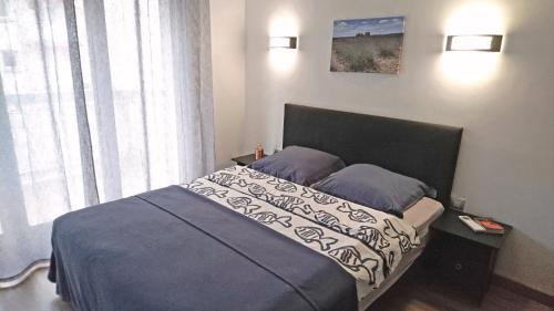 une chambre avec un lit avec des draps bleus et une fenêtre dans l'établissement Le Gémini, à Sainte-Maxime