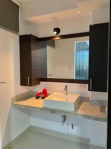 a bathroom counter with a sink and a mirror at Descubre las montañas de Mérida in Mérida