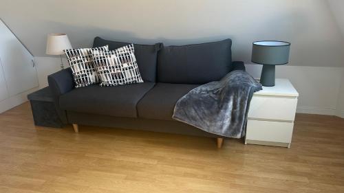 un salon avec un canapé avec une couverture dans l'établissement Studio Porte Maillot Immeuble Haussmannien, à Neuilly-sur-Seine