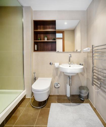 a bathroom with a toilet and a sink and a shower at Contemporary Penthouse in Battersea Power Station in London