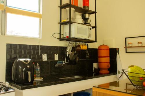 una cocina con encimera y microondas en Loft com piscina natural em Cachoeiras de Macacu, en Cachoeiras de Macacu