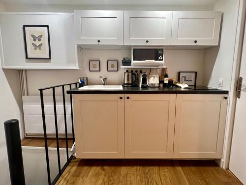 une cuisine avec des armoires blanches et un micro-ondes dans l'établissement Studio des Tuileries, à Paris