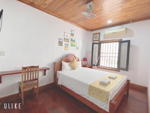 a bedroom with a bed and a chair and a window at Elephant Boutique Hotel in Luang Prabang