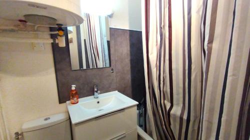 une petite salle de bain avec un lavabo et un miroir dans l'établissement La Dolce Vita Studio 4 personnes, à Habère-Poche
