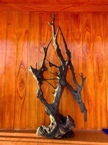 a statue of a tree in front of a wooden wall at Homestay Trúc Sơn in Hong Ha