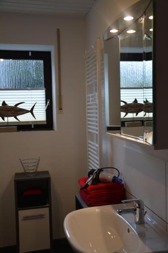 a bathroom with a sink and a mirror at Ferienwohnung Hedi in Mastershausen