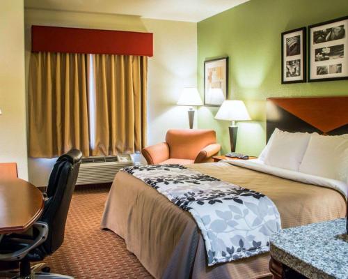 a hotel room with a bed and a desk and chair at Sleep Inn & Suites at Six Flags in San Antonio