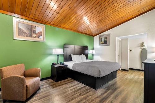 a green room with a bed and a chair at Quality Inn in Tullahoma