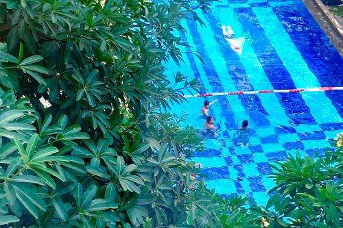 two people swimming in a swimming pool with trees at The Victoria Hotel Yogyakarta in Yogyakarta