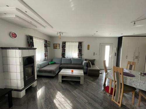 a living room with a couch and a fireplace at Ferienhaus mit Terrasse und viel Ruhe in Wieting